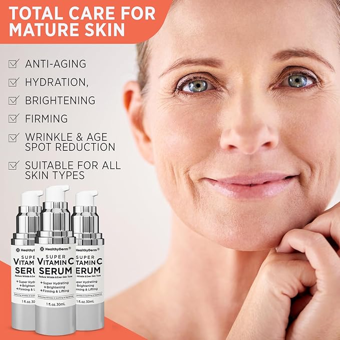 Super Vitamin C Serum for Women Over 70: Niacinamide, Vitamin C, Hyaluronic Acid, Peptides, Vitamin E, Caffeine, Bakuchiol, Hydrating, Lifting, Wrinkle & Age Spots Reduction Pack of 3-Velvo Beauty