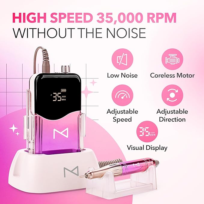 M Mase- Professional Nail Drill Machine - Coreless 2-in-1 Nail File - Electric, Cordless, 35000 RPM, HD Display - Electric Nail Drill for Professional & Home Use (Unicorn Purple)-Velvo Beauty