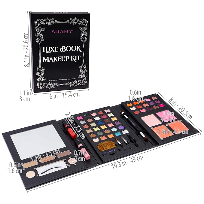 SHANY Luxe Book Makeup Set - All In One Travel Cosmetics Kit with 30 Eyeshadows, 15 Lip Colors, 5 Brushes, 4 Pressed Blushes, 3 Brow Colors, and Mirror-Velvo Beauty