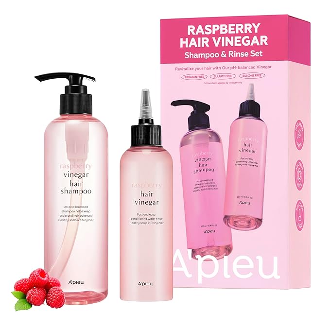 A’PIEU Raspberry Vinegar Hair Care Set – Shampoo (16.9 fl oz) + Hair Vinegar Rinse (6.76 fl oz) | Clarifying & pH Balancing Scalp Treatment, Removes Buildup, Soothes & Refreshes, Korean Hair Care-Velvo Beauty