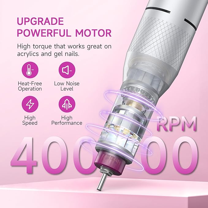 Electric Nail Drill Professional, Portable Nail File for Acrylic Gel Nails, Cordless Rechargeable Ultra Power Nail Drill Kit 40000RPM, HMC320 Salon-Grade Efile Nail Machine (White)-Velvo Beauty