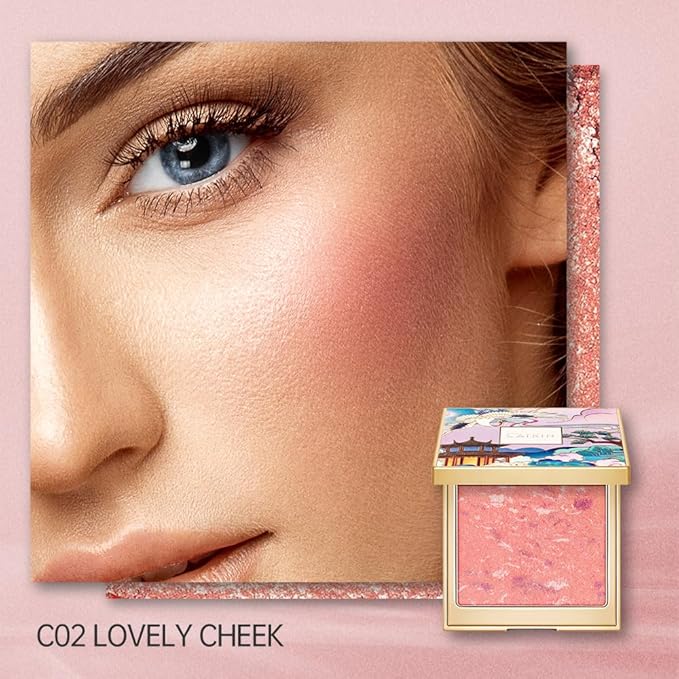 CATKIN Powder Blush for Cheek Blusher Natural Shimmering Blush & Highlight 2 in 1 Creamy Blendable Baked Blush Palette 10g C02 Lovely Cheek-Velvo Beauty