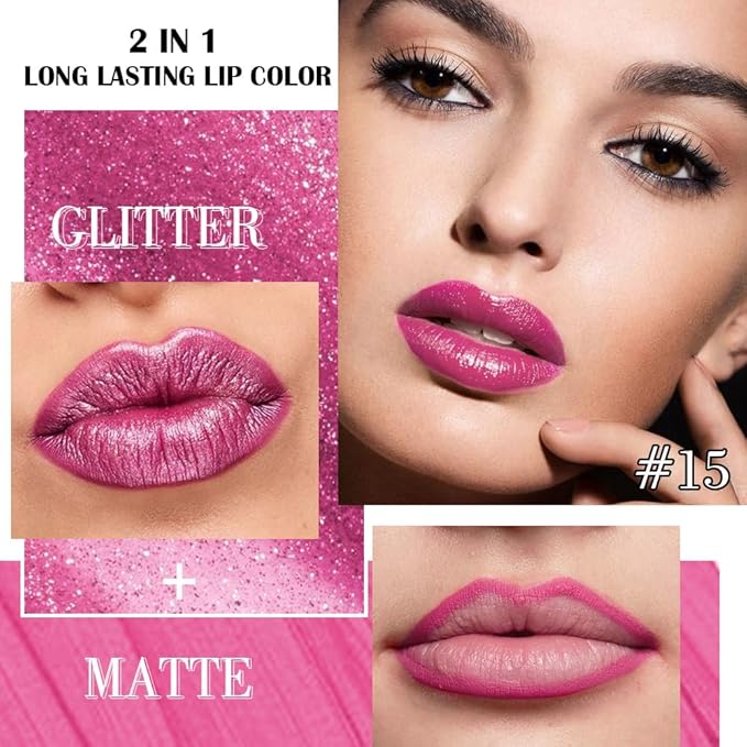 evpct Rose Metallic Glitter Lip Liner and Lipstick Combo Lip Gloss Stain Set Makeup for Women Long Lasting Waterproof 24, Metal Barbie Frosted Metallic Shimmer Glossy Iridescent Liquid Lipstick 15-Velvo Beauty