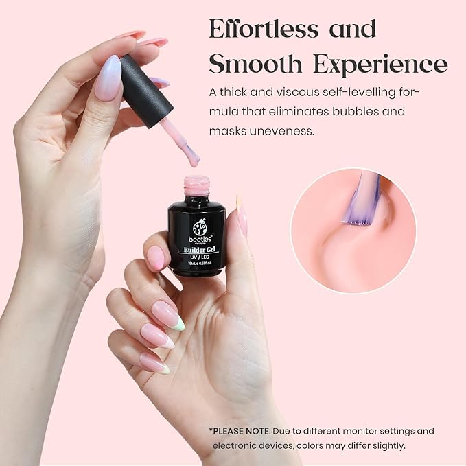 Beetles Builder Gel 15ML, 7 in 1 Builder Strengthener Gel Translucent Pink Nude Gel Nail Extension Brush in Bottle UV Gel Nail Polish, No Slip Solution Need Base Gel Needed-Velvo Beauty