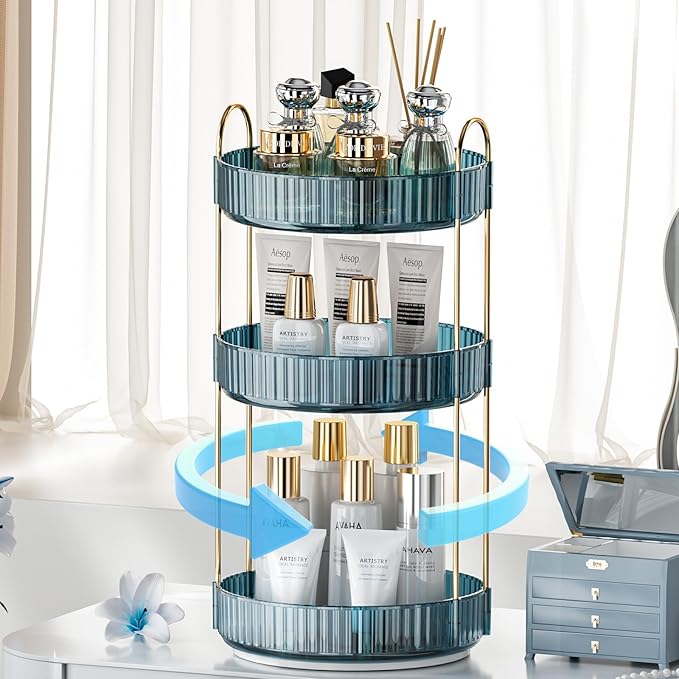 360° Rotating Makeup Organizer, Bathroom Organizers and Storage Holder Rack, Large Capacity Vanity Shelf Countertop, Fits Cosmetics, Perfume, Skin Care(Blue, 3 Tiers)-Velvo Beauty