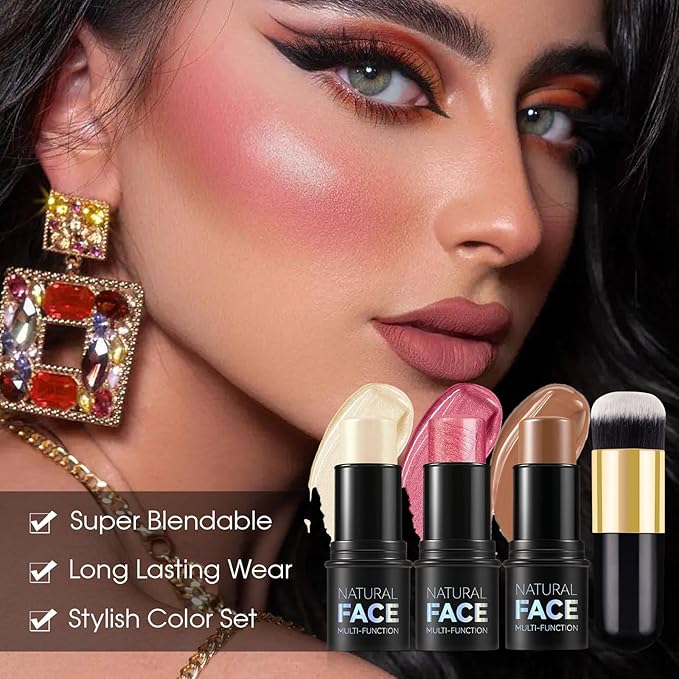 3Pcs Cream Contour Stick Makeup Kit - Cream Blush Stick Highlighter Stick Contour Bronzer Stick for Cheeks, Waterproof Long Lasting Blendable, Contour Stick Trio for Face Makeup (#01, 03, 04)-Velvo Beauty