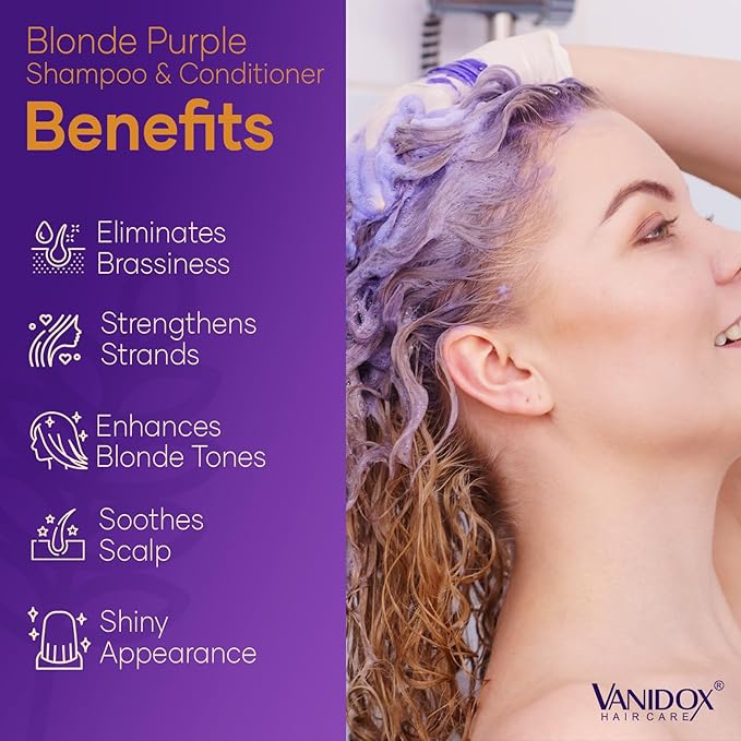 Sulfate Free Brass Toning Purple Shampoo and Conditioner Set for Blondes, Brown Highlighted, or Bleached Hair, Shampoo for Blondes Infused with Purple Rice Extract (16 fl oz each)-Velvo Beauty