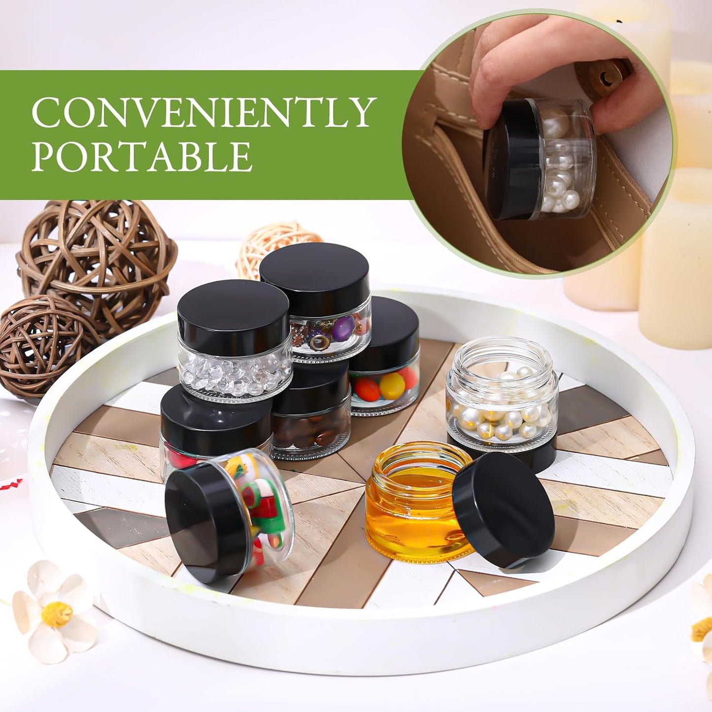 Domensi 100 Pcs 1 oz Glass Jars with Lids Bulk Round Glass Cosmetic Jars Lids 1 oz Small Travel Containers with Inner Liner for Lotions Powders Ointments Sample Cream(Clear, Black)-Velvo Beauty