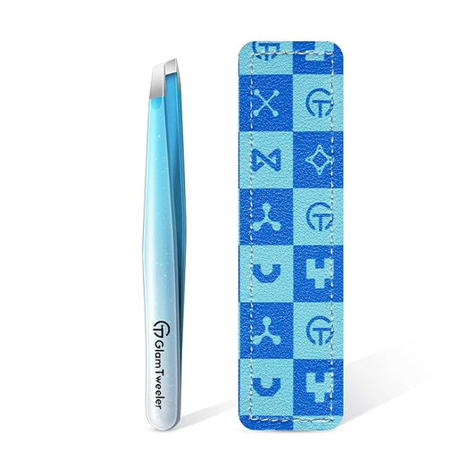 Expert Slant Tip Tweezers with Leather Case, GlamTweeler Sharp & Precision Stainless Steel Tweezer for Eyebrows, Facial Hair and Fine Hairs Removal (Sparkle Blue & Silver)-Velvo Beauty