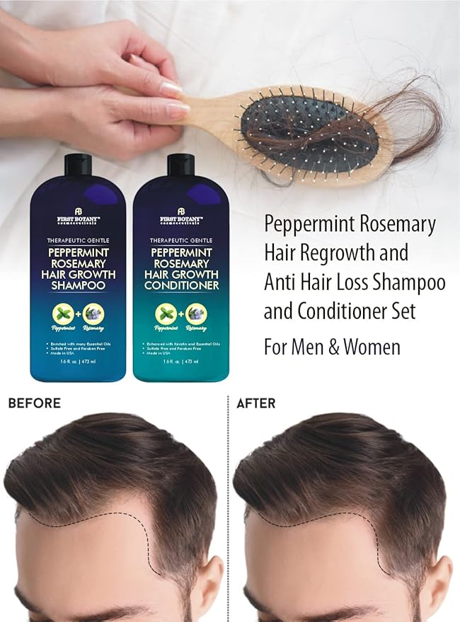 First Botany, Peppermint Rosemary Hair Regrowth and Anti Hair Loss Shampoo and Conditioner Set - Daily Hydrating, Detoxifying, Volumizing Shampoo and Fights Dandruff For Men and Women 16 fl oz x 2-Velvo Beauty