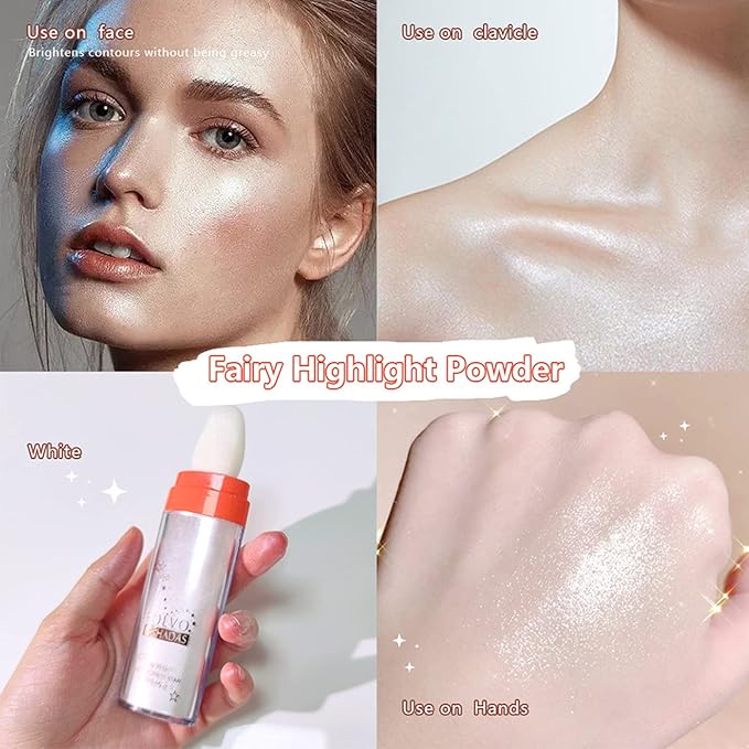 Polvo De Hadas Highlighter Powder Stick Body Shimmer Glitter Makeup, High Gloss Sparkle Highlight Powder for Face Eyes Lips Hair Body Cosmetic Tiktok Makeup - White Moonbeam-Velvo Beauty