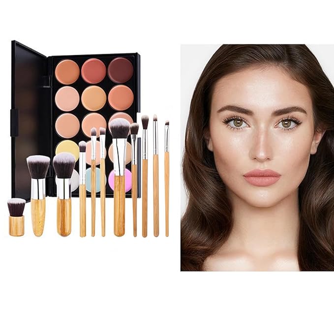 15 Colour Makeup Contour Palette Cream Kit, with 11 Pcs Complete Function Makeup Brushes Set and Storage Bag, Highlighting Light, Medium to Dark, Vegan & Cruelty Free-Velvo Beauty