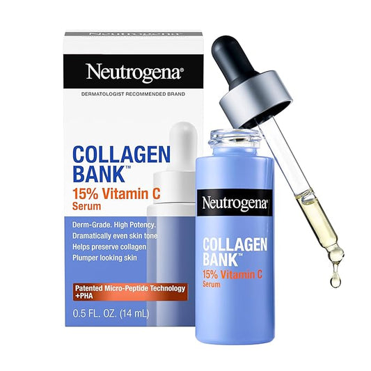 Neutrogena Collagen Bank 15% Vitamin C Face Serum, Vitamin C Serum for Face Helps Build Collagen for Glowing, Plumper Looking Skin, Uneven Skin Tone Treatment, Fragrance Free, 0.5 fl. oz-Velvo Beauty