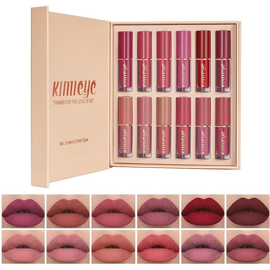 12 Colors Matte Liquid Lipstick Kit, Long Lasting Lip Tint, Waterproof Lip Stain, Non-Stick Cup Quick-dry Velvet Nude to Red Lipstick Makeup Set, Up to 24H Wear (SET B)-Velvo Beauty