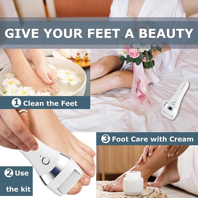 Upgraded Electric Foot Callues Remover, Portable Electric Foot Files with 3 Heads, Rechargeable Feet File for Foot Care, Waterproof Deadskin Remover, Pedicure Tool for Dry and Crack Feet-Velvo Beauty