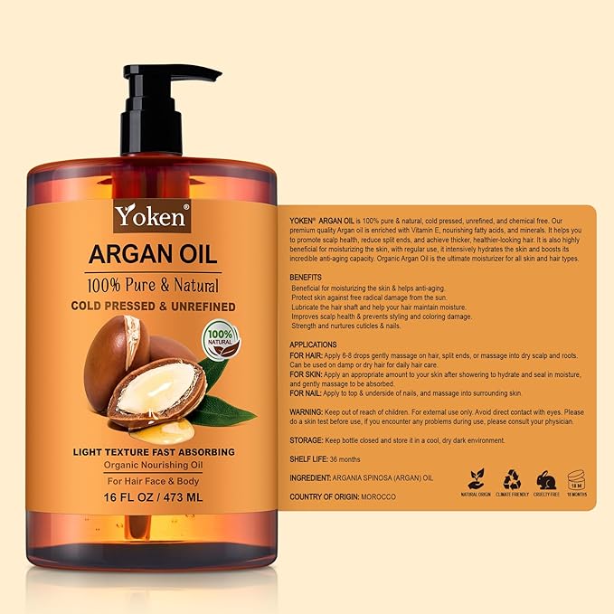Yoken Argan Oil for Hair, Pure and Natural Morocco Argan Oil, Argon Oil For Hair, Scalp, Face & Skin Care, 100% Cold Pressed Hair Conditioner, Unrefined Argon Nails Carrier Oil (16 Fl Oz)-Velvo Beauty