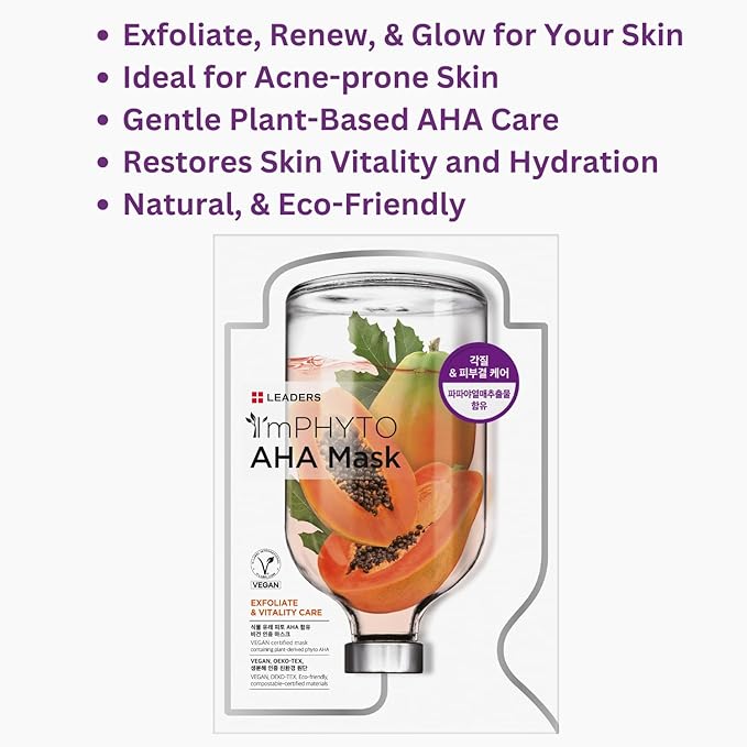 I'MPHYTO Leaders Facial Mask 10 Sheet AHA Vegan Mask | Exfoliating& Vitality Skin Care | Plant-Derived Ingredients | Papaya Fruit Extract | Certified Vegan | Natural Cellulose Sheet-Velvo Beauty