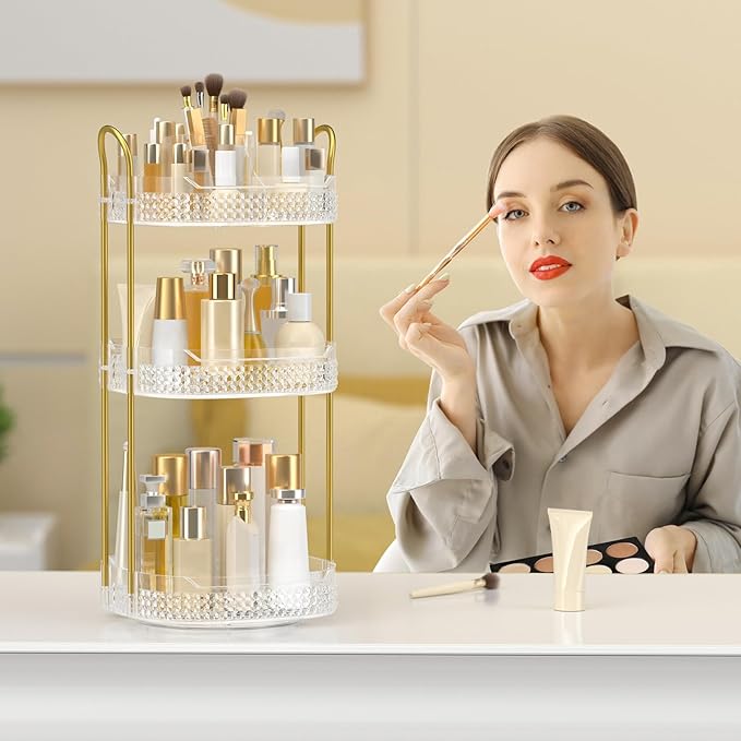 Rotating Makeup Organizer for Vanity 3 Tier, Perfume Organizer with Makeup Brush Holder, Large Capacity Cosmetics Clear Skincare Organizer for Countertop (Transparent)-Velvo Beauty