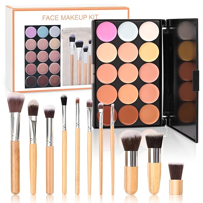 15 Colour Makeup Contour Palette Cream Kit, with 11 Pcs Complete Function Makeup Brushes Set and Storage Bag, Highlighting Light, Medium to Dark, Vegan & Cruelty Free-Velvo Beauty