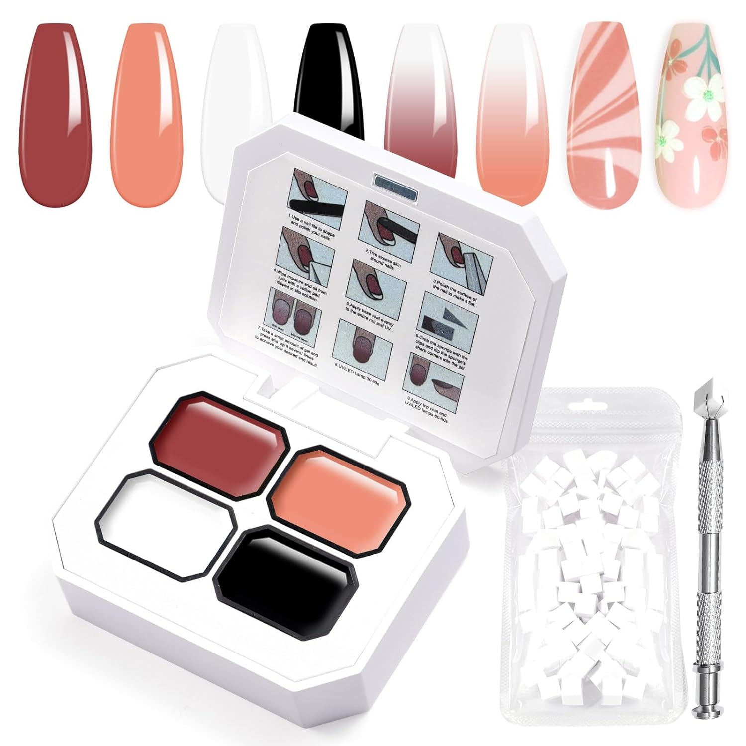 Gradient Painting Gel, 4 Colors Ombre Gel Nail Polish Include White Nude Almond Black Sponging for Pigment Pat Nails French Manicure Soak Off UV DIY Nail Art Essentia Set-Velvo Beauty