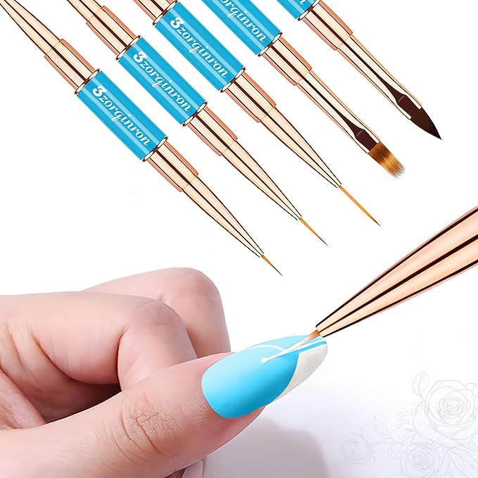 Nail Art Bushes Set, Professional 5Pcs Double-Ended Nail Brush Kit for Details, Long Lines, Ombre & 3D Design-Perfect for DIY Manicures & Salons (Blue)-Velvo Beauty