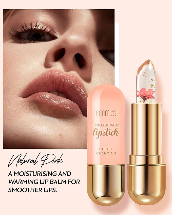 Tinted Lip Balm, Flower Lipstick Tinted Lip Gloss Long Lasting PH Lipstick, Color Changing Lipstick Natural Chapstick, Glitter Pink Shade Lipstick, Pink Flower-Velvo Beauty