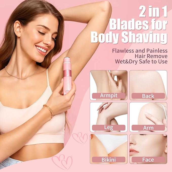 Bikini Trimmer for Women - 2 in 1 Painless Electric Razors for Women, IPX7 Waterproof Rechargeable LED Dual Head Electric Shaver for Lady Bikini Underarm, Body, Leg, Face Hair Remove - Pink-Velvo Beauty