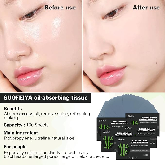 Natural Bamboo Charcoal Oil Absorbing Tissues - 4pk/400 Oil Blotting Sheets For Face, Oil Control Film, Oil Absorbing Sheets, Makeup Friendly-Velvo Beauty