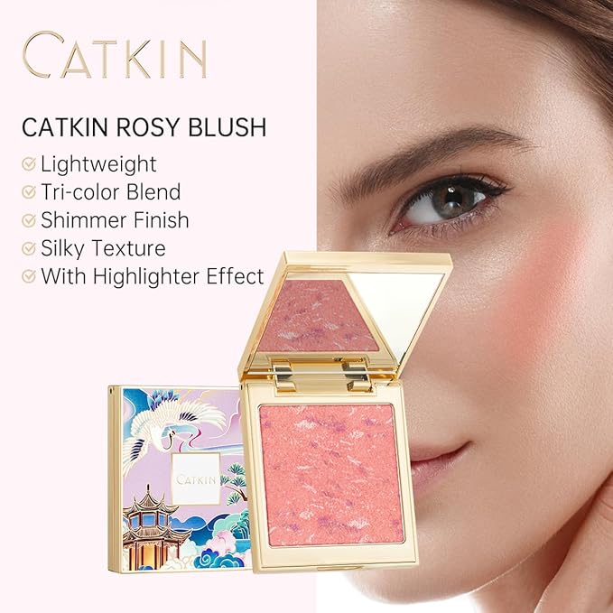 CATKIN Powder Blush for Cheek Blusher Natural Shimmering Blush & Highlight 2 in 1 Creamy Blendable Baked Blush Palette 10g C02 Lovely Cheek-Velvo Beauty