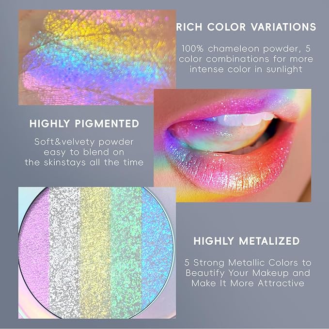 Chameleon Face Highlighter Palette, Glitter Metallic Rainbow Eyeshadow Holographic Sparkling Long Lasting Color Shifting Inner Corner Eye Brightener Illuminator Shimmer Highlighter Makeup-Velvo Beauty
