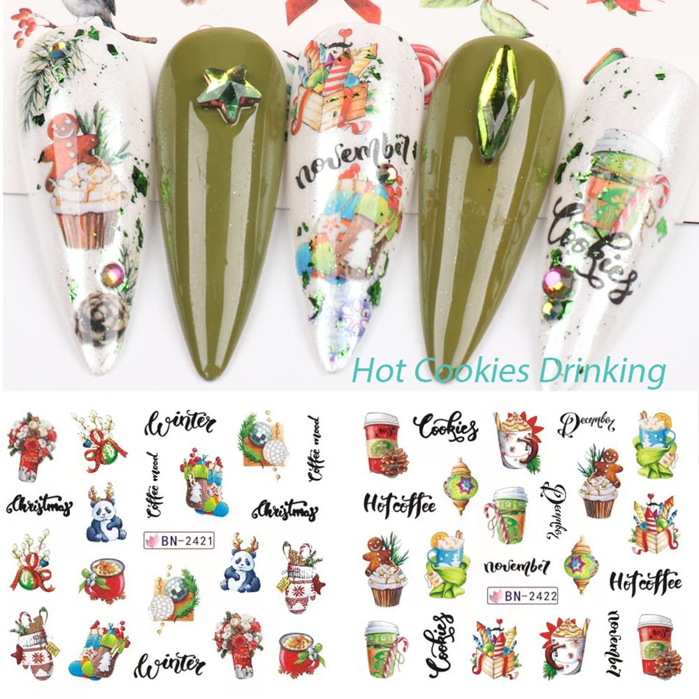 12 Sheets Christmas Nail Art Stickers Snowflake Water Transfer Nail Decals Holographic Gingerbread Man Snow Trees Winter Design Watermark Nail Foils Stickers for Women Xmas Nail Decorations-Velvo Beauty