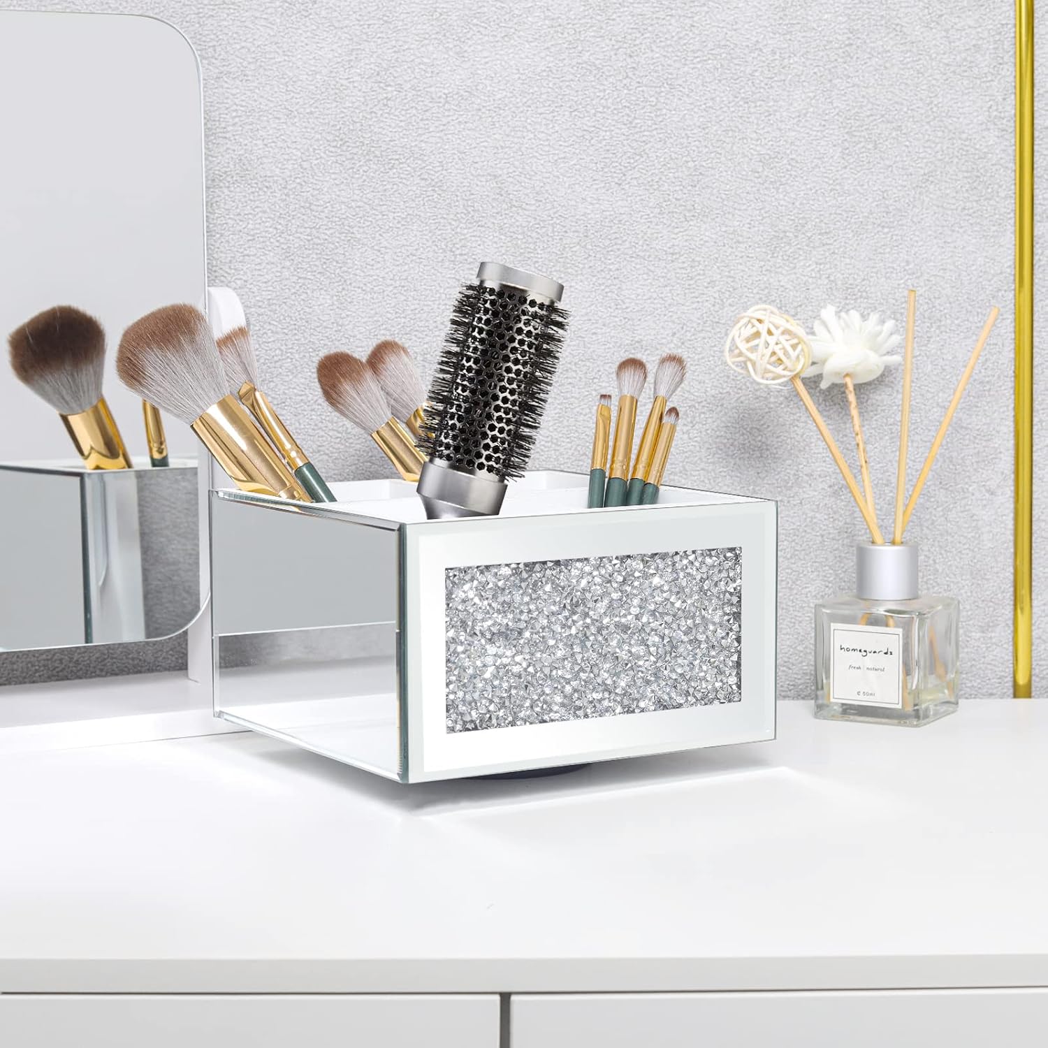 SWTHONY 360 Rotating Makeup Brush Holder Organizer, Silver Bling 4 Slot Crushed Diamond Glass Mirrored Cosmetic Brushes Storage, Eyeliners Eyebrow Pencil Display Case-Velvo Beauty