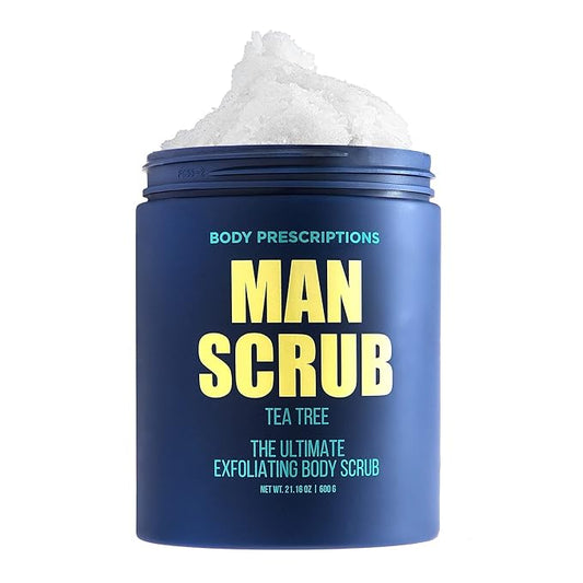 Body Prescriptions Men’s Exfoliating Body Scrub – Ultimate Skin Cleansing Wash in Jar with Twist-Top Lid, For All Skin Types, 21 Ounce (Pack of 1), Tea Tree-Velvo Beauty
