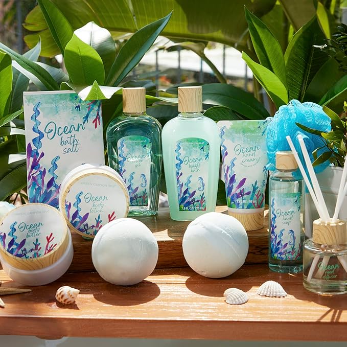 Green Canyon Spa Gift Baskets for Women, Bath and Body Gift Set for Women, 12Pcs Ocean Spa Sets Includes Bubble Bath, Body Lotion,Mothers Day Gifts for Her,Spa Baskets-Velvo Beauty