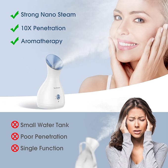 Newbealer 2in1 Facial Steamer, Hot Mist Facial Aromatherapy Humidifier Atomizer, Large Face Steamer Unclogs Pores Sinuses Moisturizing, Home Sauna Spa with Eyebrow Set (Blue, 170ml)-Velvo Beauty