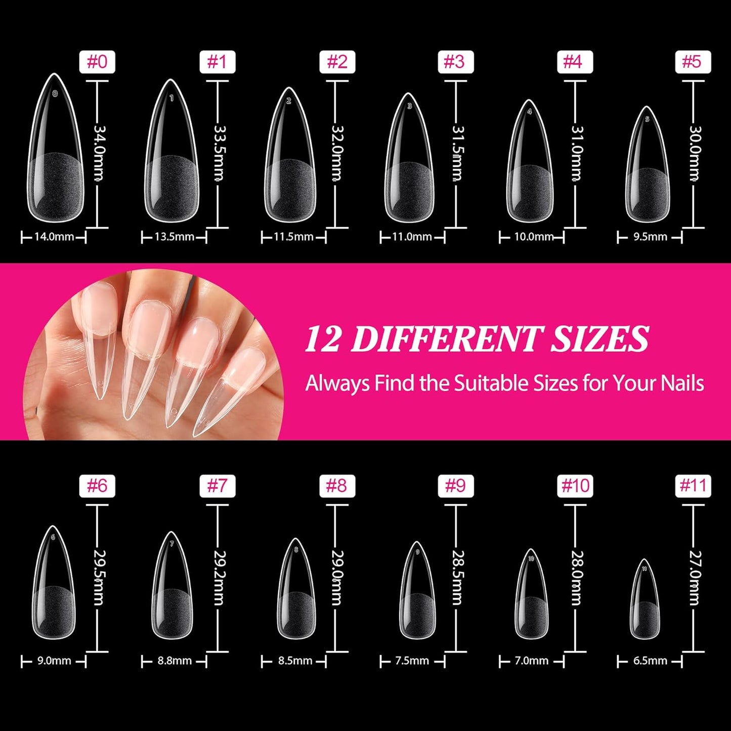 UNA GELLA Long Stiletto Gel Nail Tips Halloween Full Cover 504PCS Pre-shape Long Stiletto Almond Fake Clear Nails Tips No Need File Gel Tips No C Curve for Nail Extension DIY Art Salon 12 Sizes-Velvo Beauty