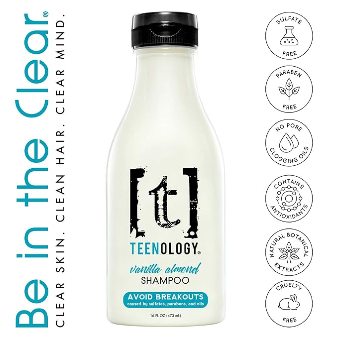 Teenology Shampoo for Teens, For Clear Skin and Healthy Hair, Natural Botanical Extracts, 16 oz. (Vanilla Almond)-Velvo Beauty
