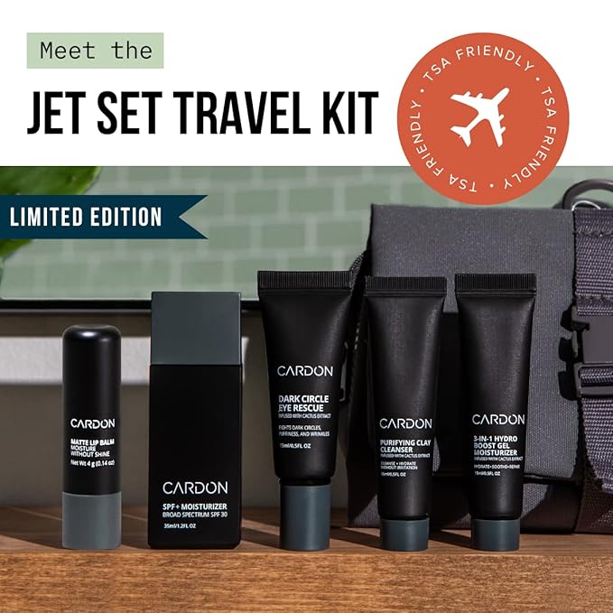 Cardon Jet Set Travel Sized Mens Skin Care Kit, Cactus Based Korean Skin Care Men, Includes SPF Sunscreen Moisturizer, Dark Circle Eye Rescue Cream, Clay Cleanser, 3-in-1 Hydro Gel, Lip Balm- Gift Set-Velvo Beauty