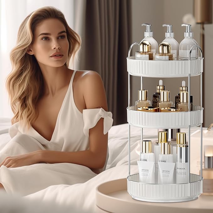 Rotating Makeup Organizer for Vanity,3 Tier High-Capacity Skincare Clear Make Up Storage Perfume Organizers Cosmetic Dresser Organizer Countertop 360 Spinning-Velvo Beauty