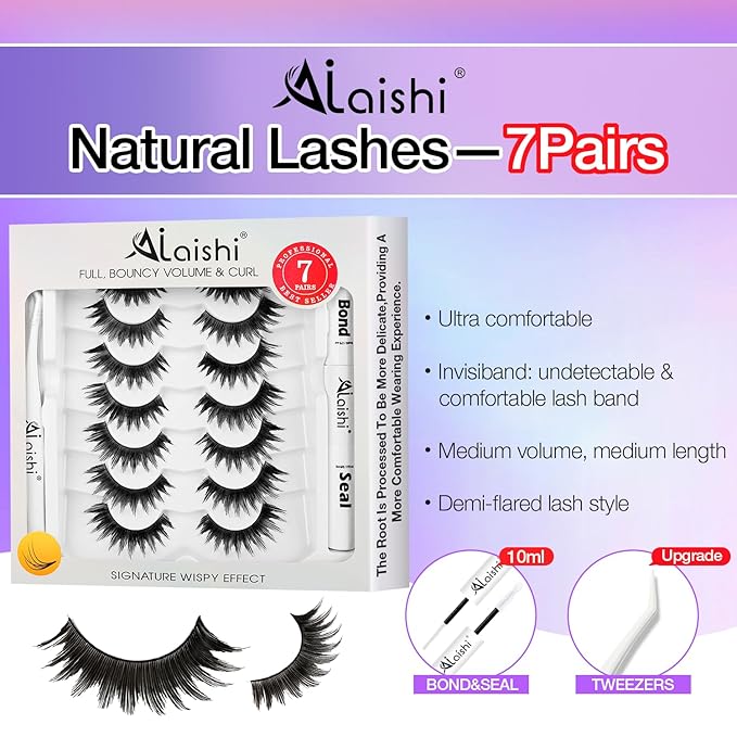 False Eyelashes Kit With Bond, Seal and Tweezer, 7 Pairs Fluffy Natural Look Fake Cat Eye Lashes Strips Thin Band Extensions Waterproof Easy Eyelashes for Beginners DF64-Velvo Beauty