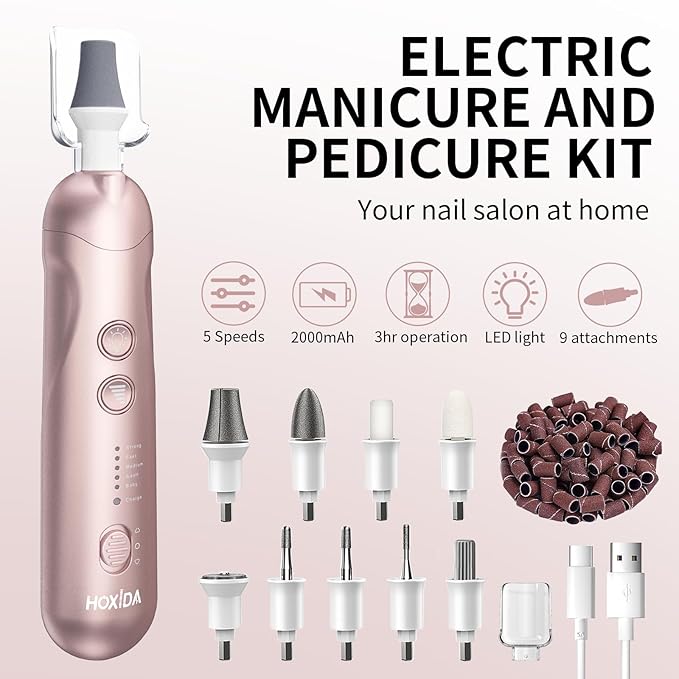 Manicure Pedicure Kit with Case, Professional Nail Grinder for Senior Thick Toenail, Cordless Electric Nail File, 5 Speeds Pedicure Tools for feet Callus Remover, Nail Drill for Women Hand Feet Care-Velvo Beauty