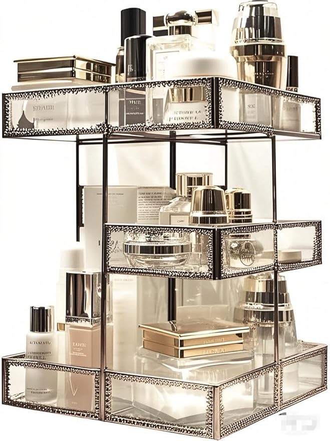 Vintage Glow Antique 360 Degree Rotating Makeup Organizer,4-Tier Spinning Perfume Tray,Countertop Cosmetic Storage,Glass Beauty Display,Retro Large Capacity Vanity Organizer for Brushes Skincare-Velvo Beauty