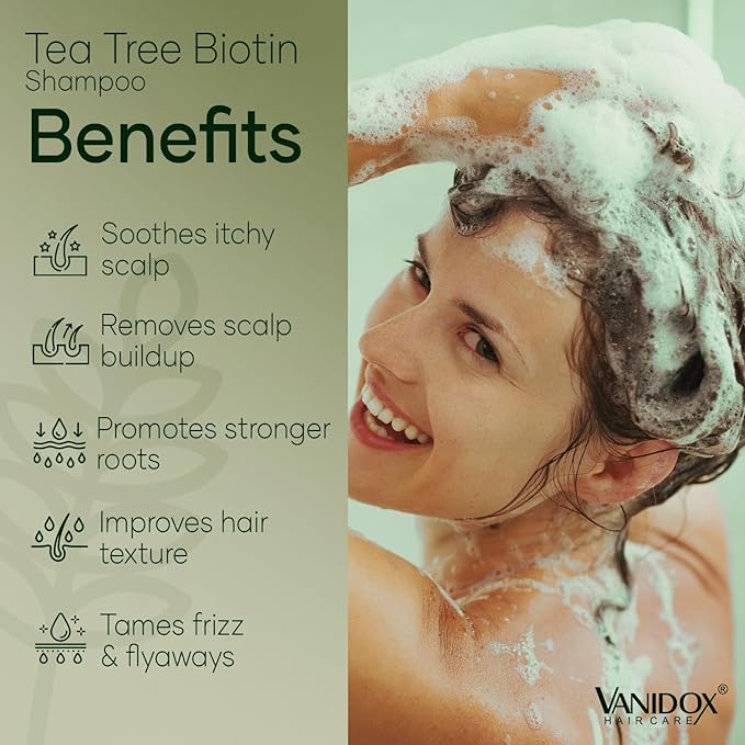 Tea Tree Oil Shampoo with Biotin, DHT Blockers, Itchy Scalp Relief, Supports Thicker-Looking Hair, Cleanses Dandruff & Buildup, For Men & Women, Made in USA, 16 fl oz-Velvo Beauty