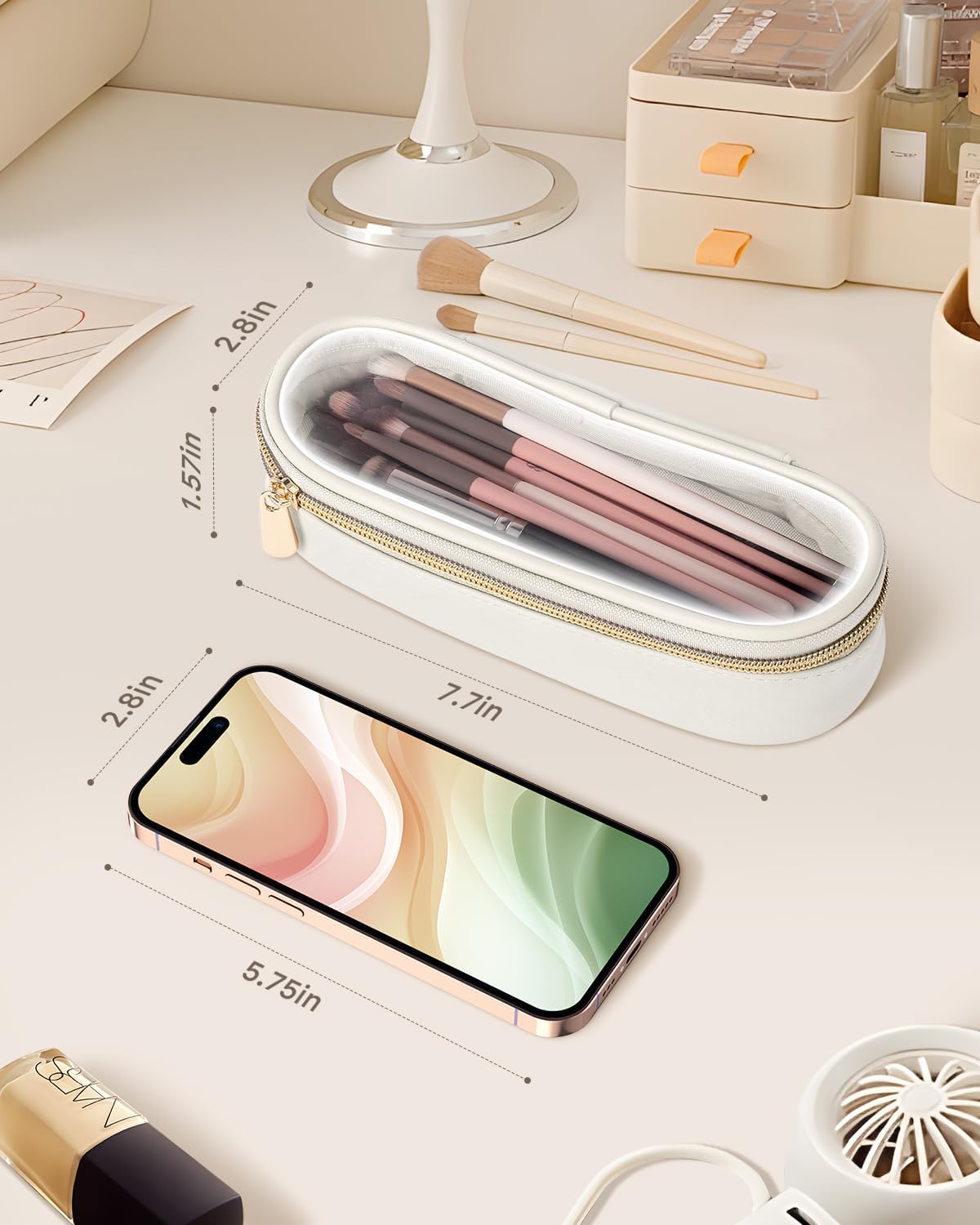 Clear Travel Makeup Brush Holder, Leather Makeup Brush Toiletry Bag, Portable Cosmetic Brush Case, Transparent Waterproof Makeup Brush Storage Bag, White-Velvo Beauty