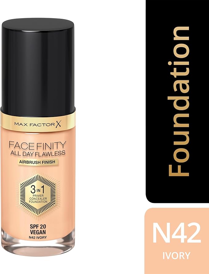 Max Factor Facefinity 3-in-1 All Day Flawless Liquid Foundation, SPF 20-42 Ivory, 30 ml-Velvo Beauty
