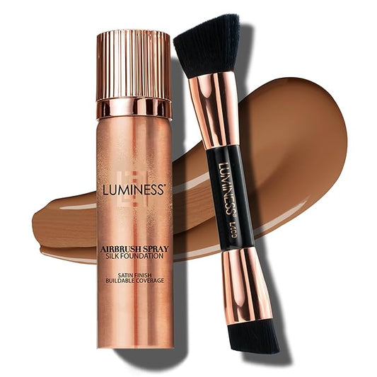 LUMINESS Silk Airbrush Spray Foundation & Buffing Brush Kit – Full Coverage Foundation & Dual-Sided Buffing Brush - Buildable Coverage, Anti-Aging Formula Hydrates & Moisturizes (Shade - Tan Dark)-Velvo Beauty