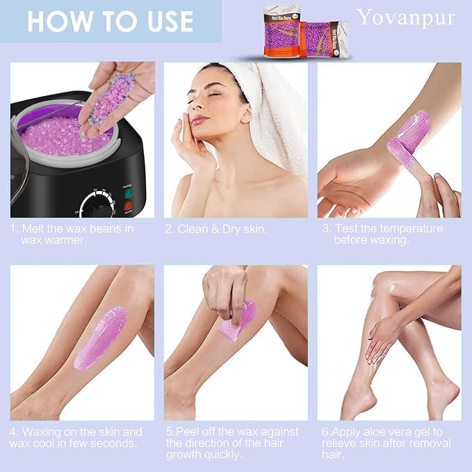 Hard Wax Beads for Hair Removal, Waxing Beans for Sensitive Skin (Violet), 10.5 Ounce/bag with 10pcs Wax Sticks-Velvo Beauty