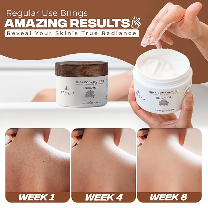 AZMERA Handcrafted Whipped Shea Body Butter – Luxurious Moisturizer for Dry, Sensitive Skin with Bergamot, Argan Oil & Vitamin E – Vegan, Non-Greasy Skincare – 8.82 oz-Velvo Beauty