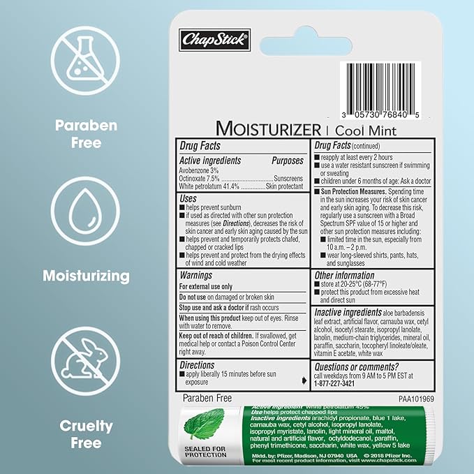 ChapStick Moisturizer 2-in-1 Lipcare SPF 15 Cool Mint 3-Pack + Classic Spearmint Lip Balm 2-Pack, 0.15 Oz Ea (5 Piece Set)-Velvo Beauty