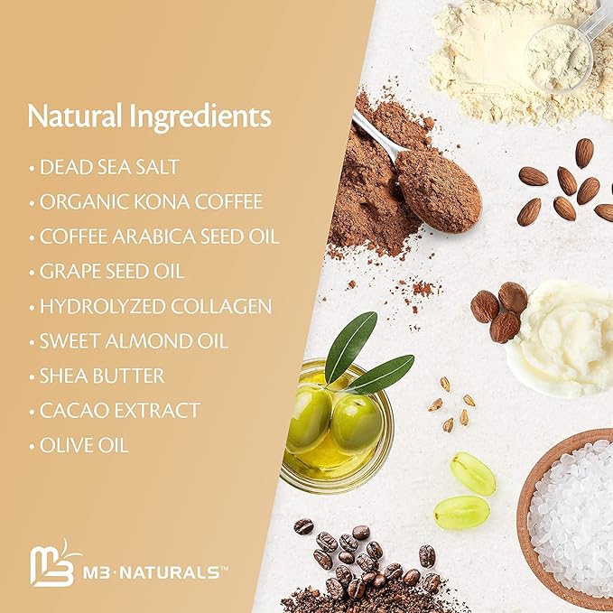 Arabica Coffee Scrub for Hands, Feet, and Body, Exfoliating Scrub with Collagen and Stem Cells, Face Cleanser for Cellulite, Fine Lines, and Stretch Marks, 12oz (1 Pack) by M3 Naturals-Velvo Beauty